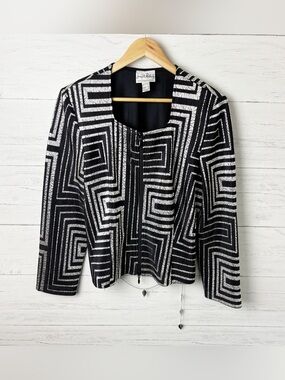 Joseph Ribkoff ZipUp Cocktail Jacket Black & Silver Geometric Print Chain Detail